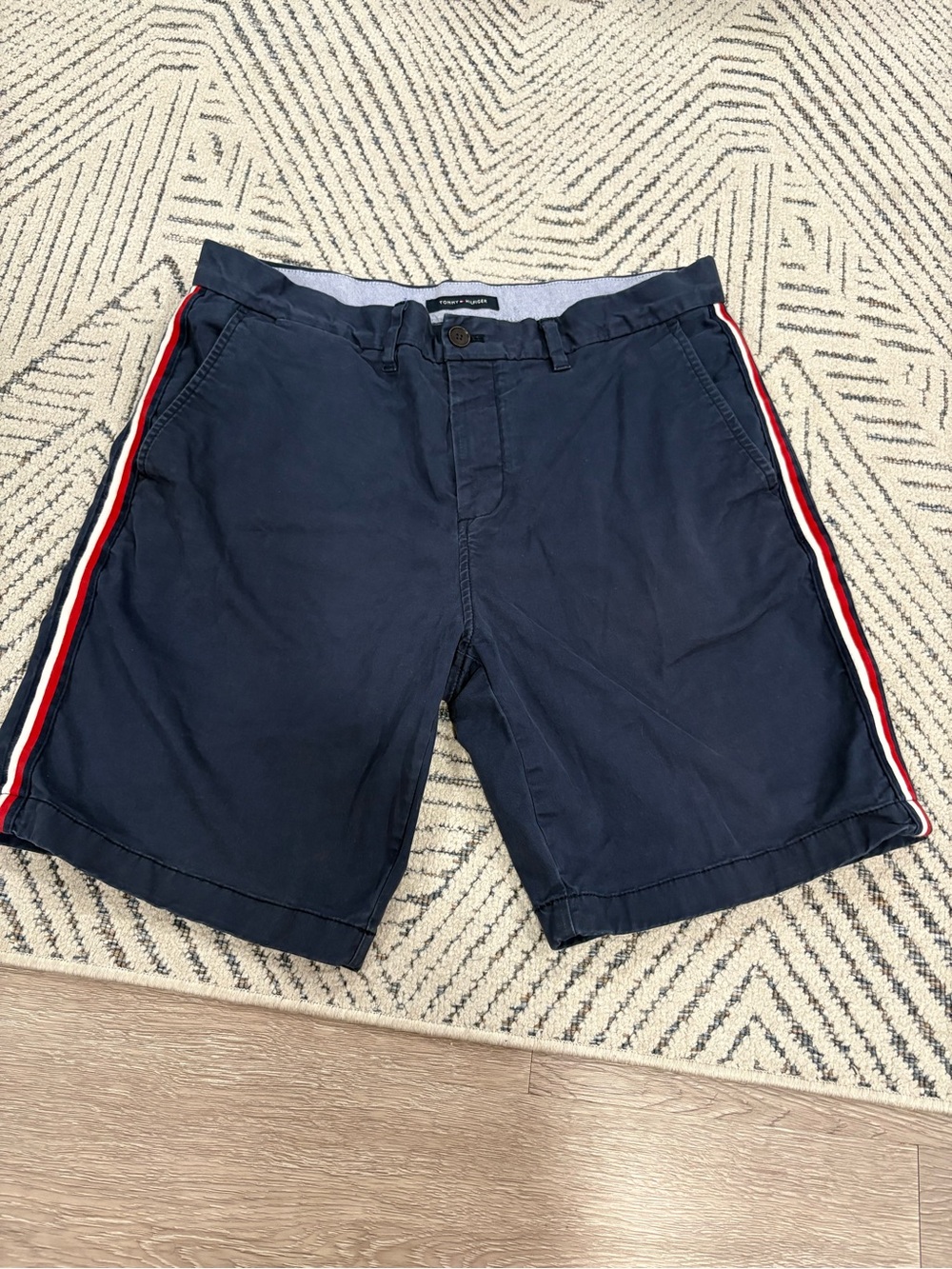 Tommy Hilfiger Navy Shorts with Red and White Side Stripes